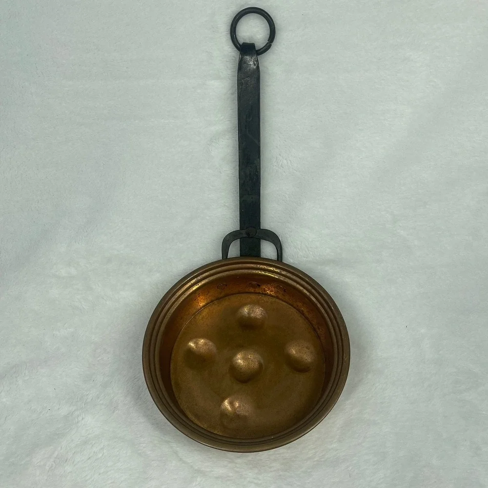 Vintage Solid Copper Pan Forged Iron Handle Hanging Hearth Kitchen Primitive